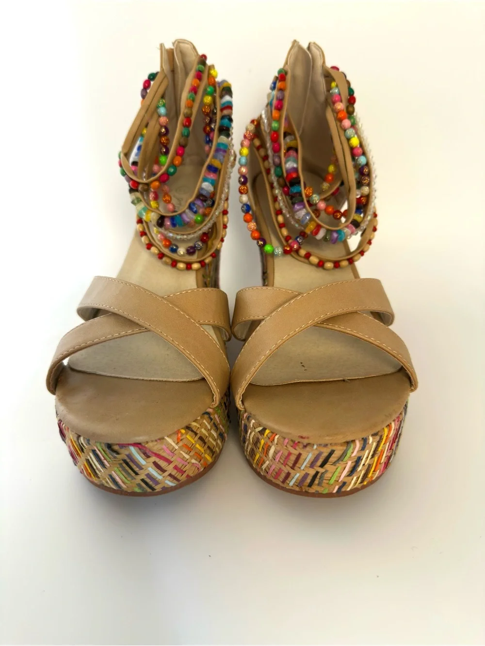Getmorebeauty bohemian platform wedge tan sandal with bead ankle detail Sz 8.5